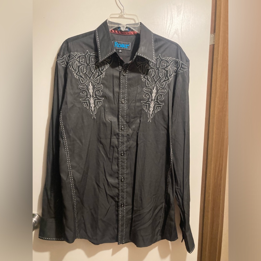 Roar Black Embroidered Button-Up Shirt
